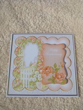 Peach Rose Arch Happy Anniversary 8in Scallop Topper by Beverly Carmichael