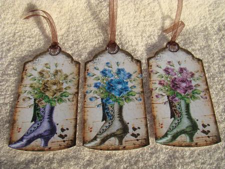 Vintage Boot with Coloured Flowers, Vintage Tags by Beverly Carmichael