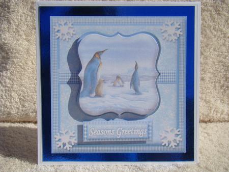 Penguin Family Square Christmas Card Front by Beverly Carmichael