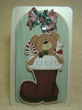 Teddy in Stocking on Wooden Tag with Candy by Beverly Carmichael