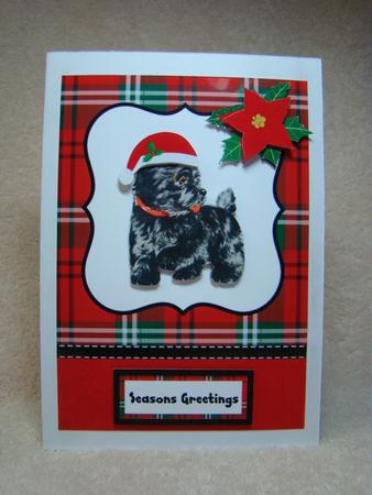 Cute Scottie Dog Christmas Card Front with Decoupage by Beverly Carmichael