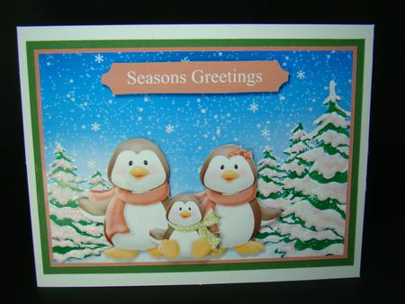 Penguin Family Christmas Card Front with Decoupage by Beverly Carmichael
