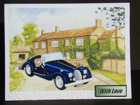 Country Cottage with Blue Vintage Car by Beverly Carmichael