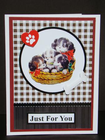 Puppies in a Basket Gingham Card Front with Decoupage by Beverly Carmichael