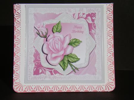 Lace Edged Pink Rose Birthday Card Front by Beverly Carmichael