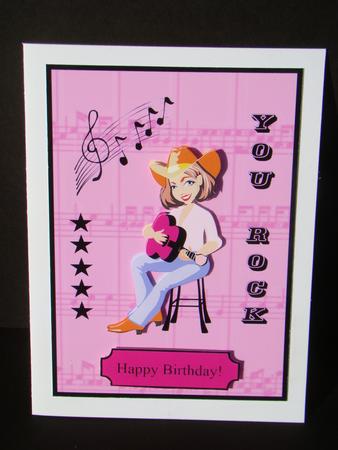 You Rock - Hot Pink Guitar Lady Card Front with Decoupage by Beverly Carmichael