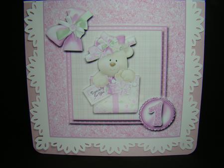 8x8 Pink Birthday Bear 1st Birthday with Decoupage by Beverly Carmichael