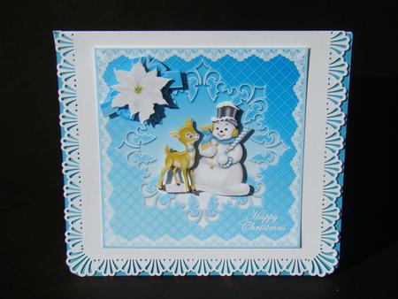 Snowman and Deer Blue Snowflake Panel Card Front by Beverly Carmichael