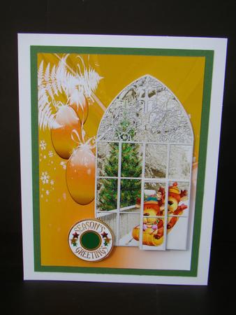 Toboggan in Church Window - Merry Christmas - Xmas Wishes by Beverly Carmichael