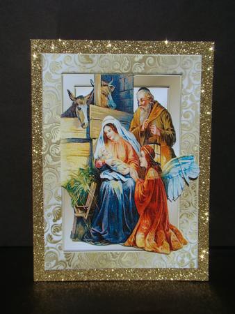 Mary with Baby Jesus in Stable in Gold Frame by Beverly Carmichael