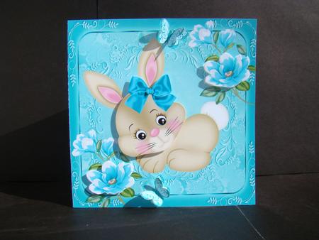 Cute Brown Bunny with Aqua Bow 8x8 by Beverly Carmichael
