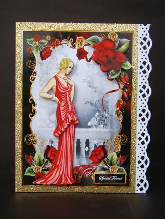 Lady in Red Card Front with Decoupage by Beverly Carmichael