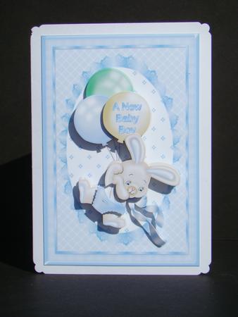 Baby Boy Bunny with Balloons Card Front by Beverly Carmichael