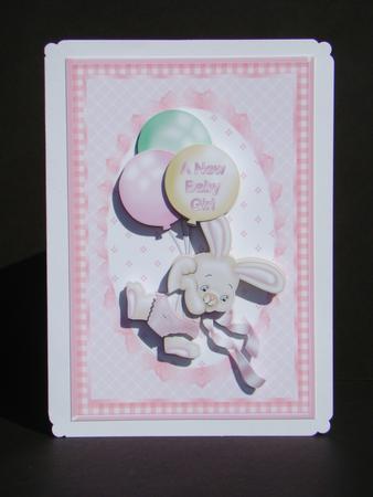 Baby Girl Bunny with Balloons Card Front by Beverly Carmichael