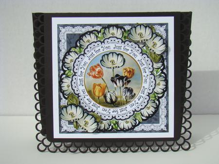 Black Tulips Just for You 7in Doily Decoupage Topper by Beverly Carmichael