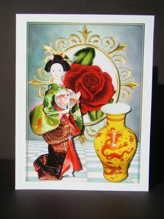 Pretty Oriental Lady with Vase & Red Rose by Beverly Carmichael