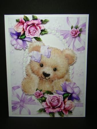 Cute Fuzzy Bear in Bows and Pearls with Roses by Beverly Carmichael