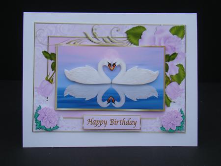 Swans in Love Decoupage Card Front by Beverly Carmichael