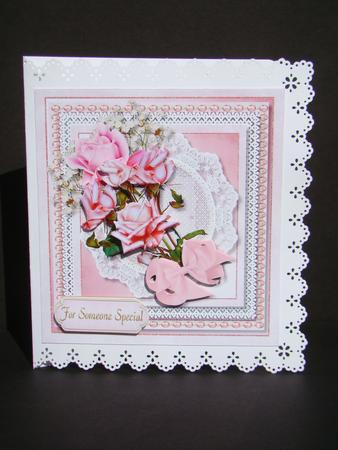 Stunning Pink Roses on Lace and Pearls  by Beverly Carmichael