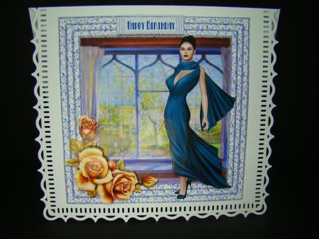 Elegant Lady at Lavender Window with Roses by Beverly Carmichael