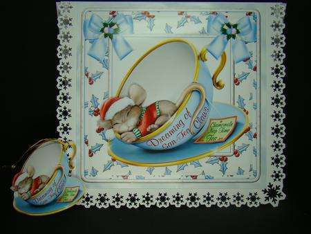 Mouse Dreaming of San_tea Claws in Teacup 8x8 by Beverly Carmichael