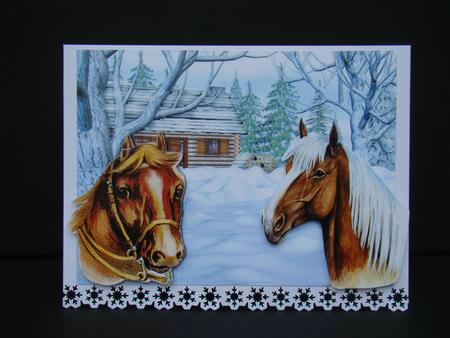 Cottage in the Snow with Horses by Beverly Carmichael