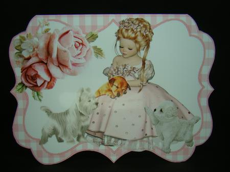 Pretty Girl with Her Puppies Sitting in Gingham Bracket Crd by Beverly Carmichael