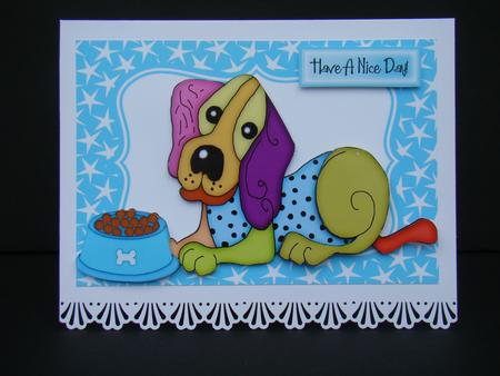 Funky Toony Dog with Dog Bowl in Blue Star Frame by Beverly Carmichael