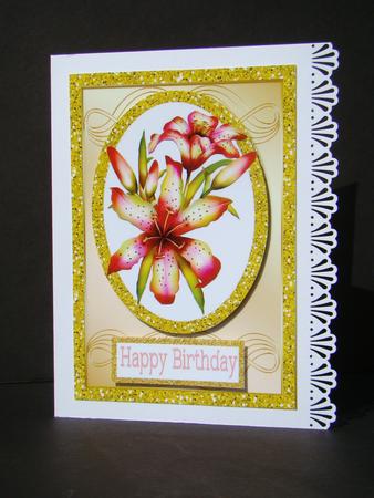 Pink Lillies in Glitter Gold Frame with Butterflies by Beverly Carmichael
