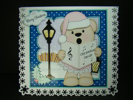 8x8 Xmas Carol Singing Livvy Bear Mini Kit 3D Decoupage by Beverly Carmichael