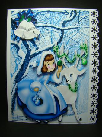 Little Lady Dressed in Blue with Little Deer, in Snow Scene by Beverly Carmichael