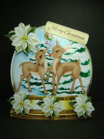 Gorgeous Little Deers in a Snow Globe with Poinsettias by Beverly Carmichael