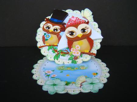 Owl Wedding Bride and Groom Scalloped Round Easel Card by Beverly Carmichael