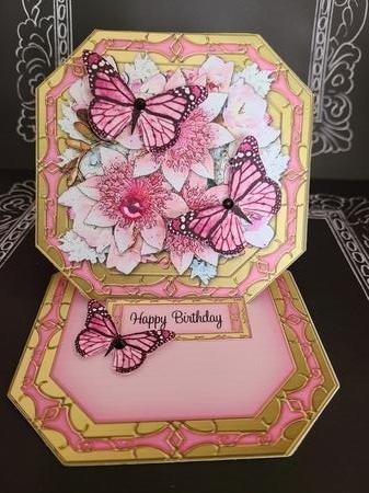 3D Easel Card Mini Kit - Butterfly & Flowers on Octagonal Gold Frame by Beverly Johnston