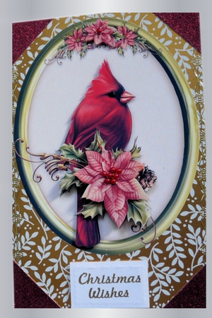 Christmas Cardinal  & Poinsettia - 5 x 7 Oval decoupage Card Topper by Brenda Scott