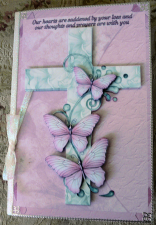 Cross with Butterflies on Pink & Cream Background by Brenda Scott