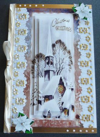 Lovely Church Scene with Snow on Lace Pyramids by Brenda Scott