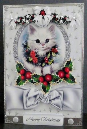 White Kitten with Holly and Berry Swag with Bow by Brenda Scott
