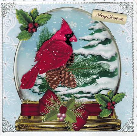 Beautiful Red Cardinal in a Snowglobe with Snow Trees 8x8 by Brenda Scott