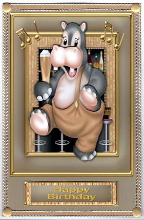 Dancing Hippo with Beer Card Front by Brenda Scott