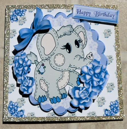 Cute Little Ele on Lace with Bow and Purple Roses 8x8 by Brenda Scott
