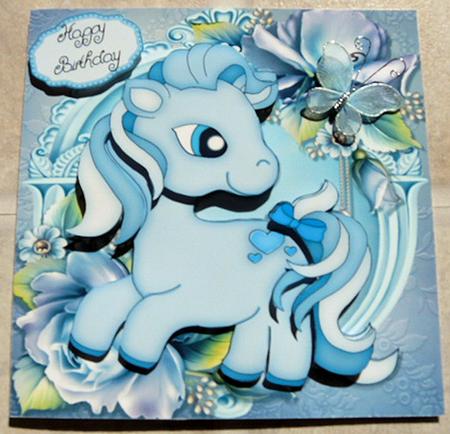 Adorable Pony with Blue Roses 8x8 by Brenda Scott