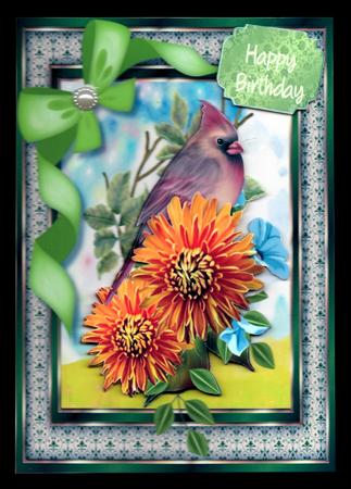 Beautiful Female Cardinal with Chrysanthamums  by Brenda Scott