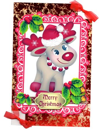 Cute Reindeer in Santa Hat with Holly by Brenda Scott