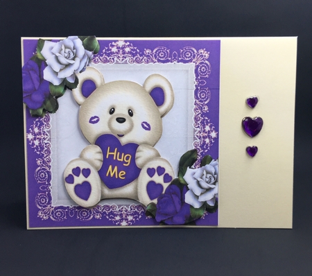 Hug Me! Cute Teddy Bear with Purple & White Roses 8x8 by cari seybolt-ruiz
