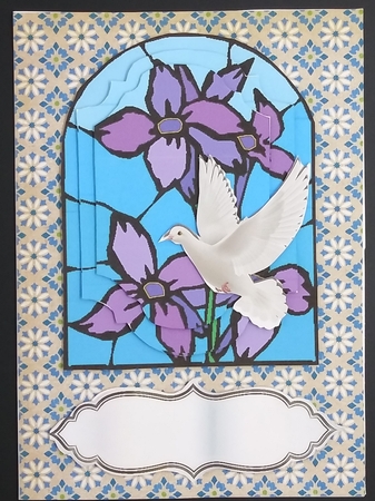 pretty stained glass window & purple flowers, dove, bracket pyramids by cari seybolt-ruiz