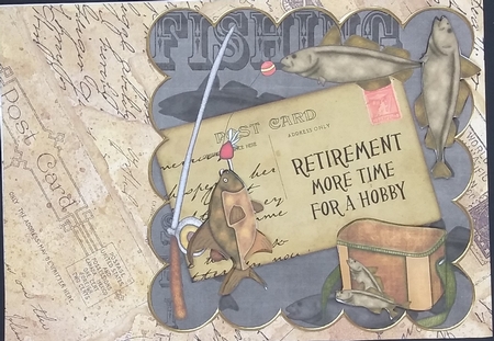 Black Retirement time for Hobby Fishing 8in Decoupage Topper by cari seybolt-ruiz