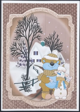 Christmas snow scene bear & snowman brown bracket card/verse by cari seybolt-ruiz