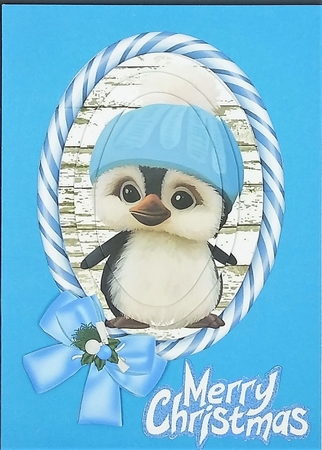 Cute penguin in blue candy stripe frame oval pyramids by cari seybolt-ruiz