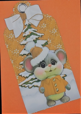 Cute little mouse with christmas tree on a tag in gold by cari seybolt-ruiz